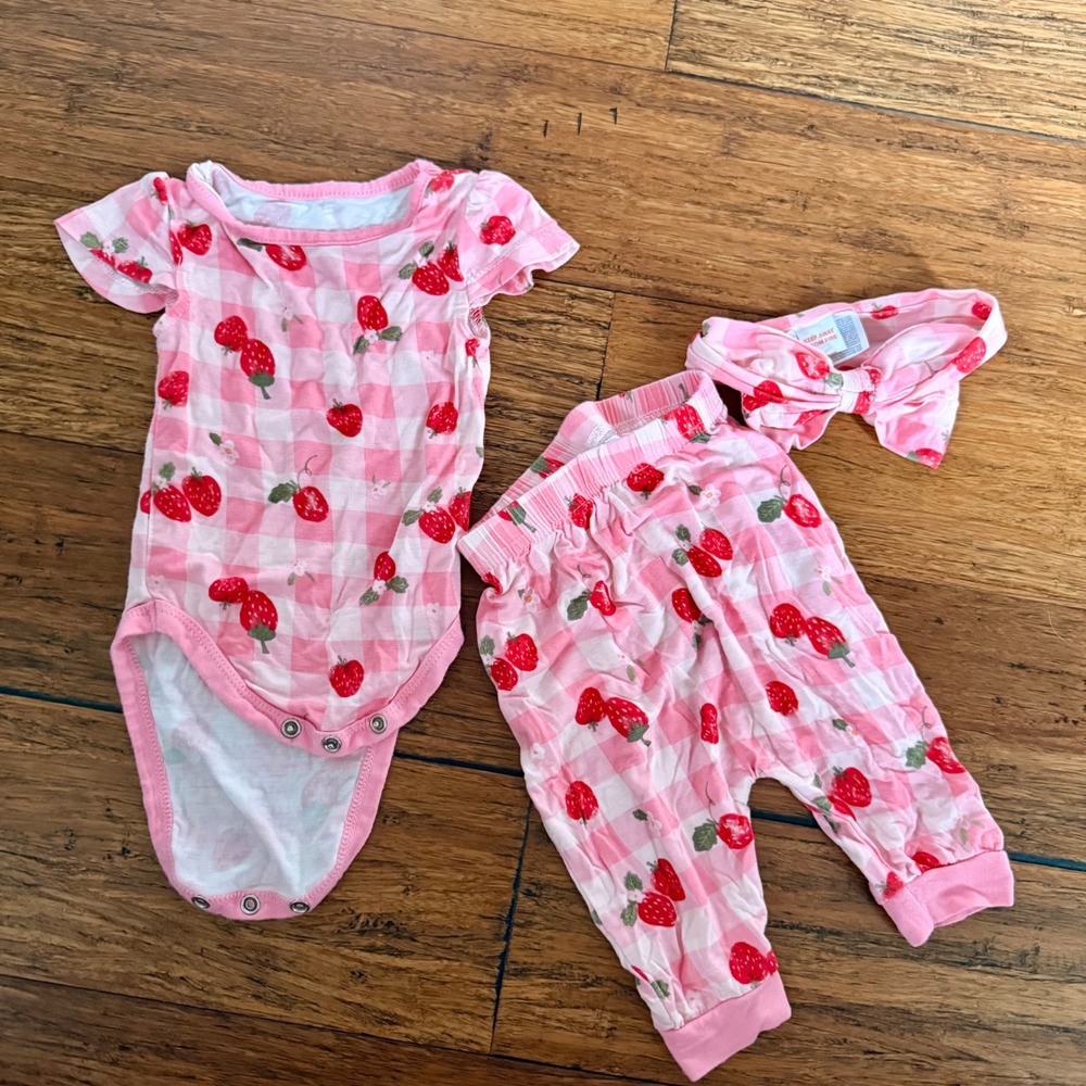 Milkberry Baby Girl Strawberry Gingham Bamboo Bodysuit Pants Headband Set 0-3M